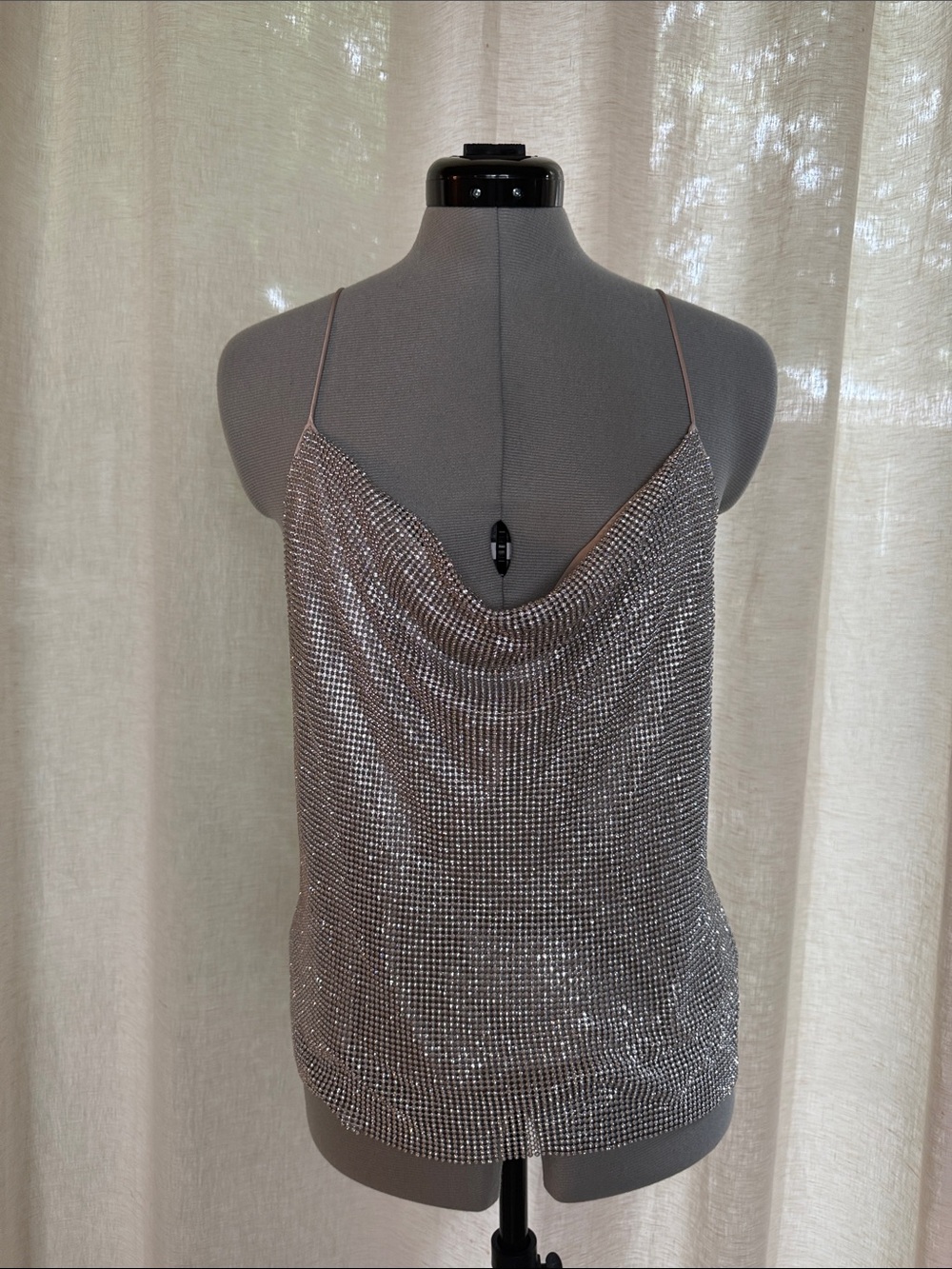 Alice + Olivia Silver Rhinestone chain mail Cowl Neck Tank Top